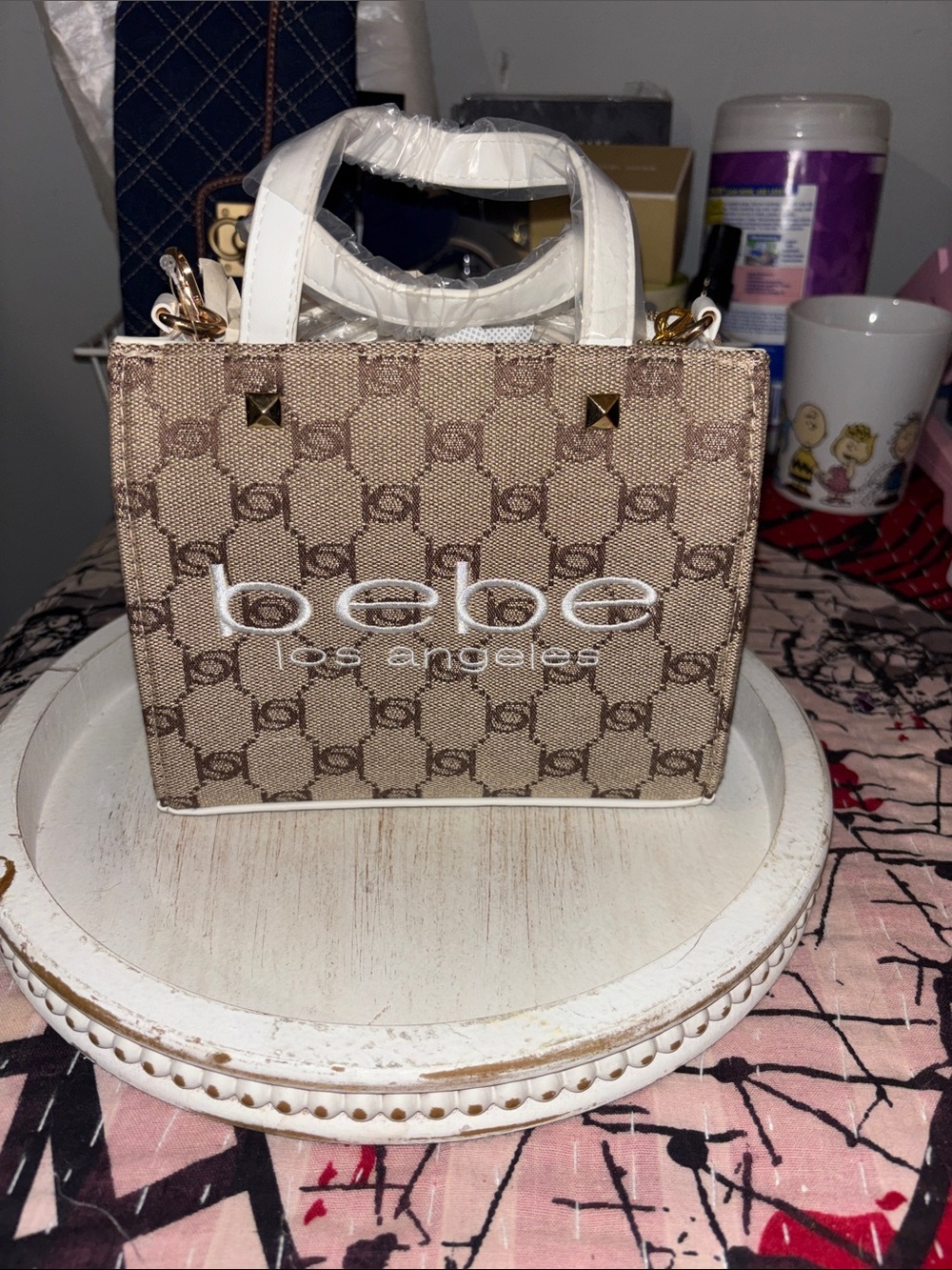 bebe Beige Monogram Mini Tote with White Handles